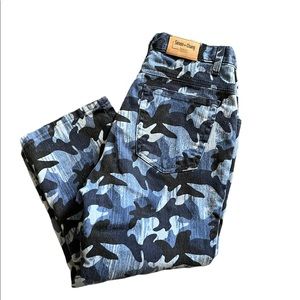Simon Chang Y2K Blue Camo Metallic Print Hi Rise Cropped Jeans